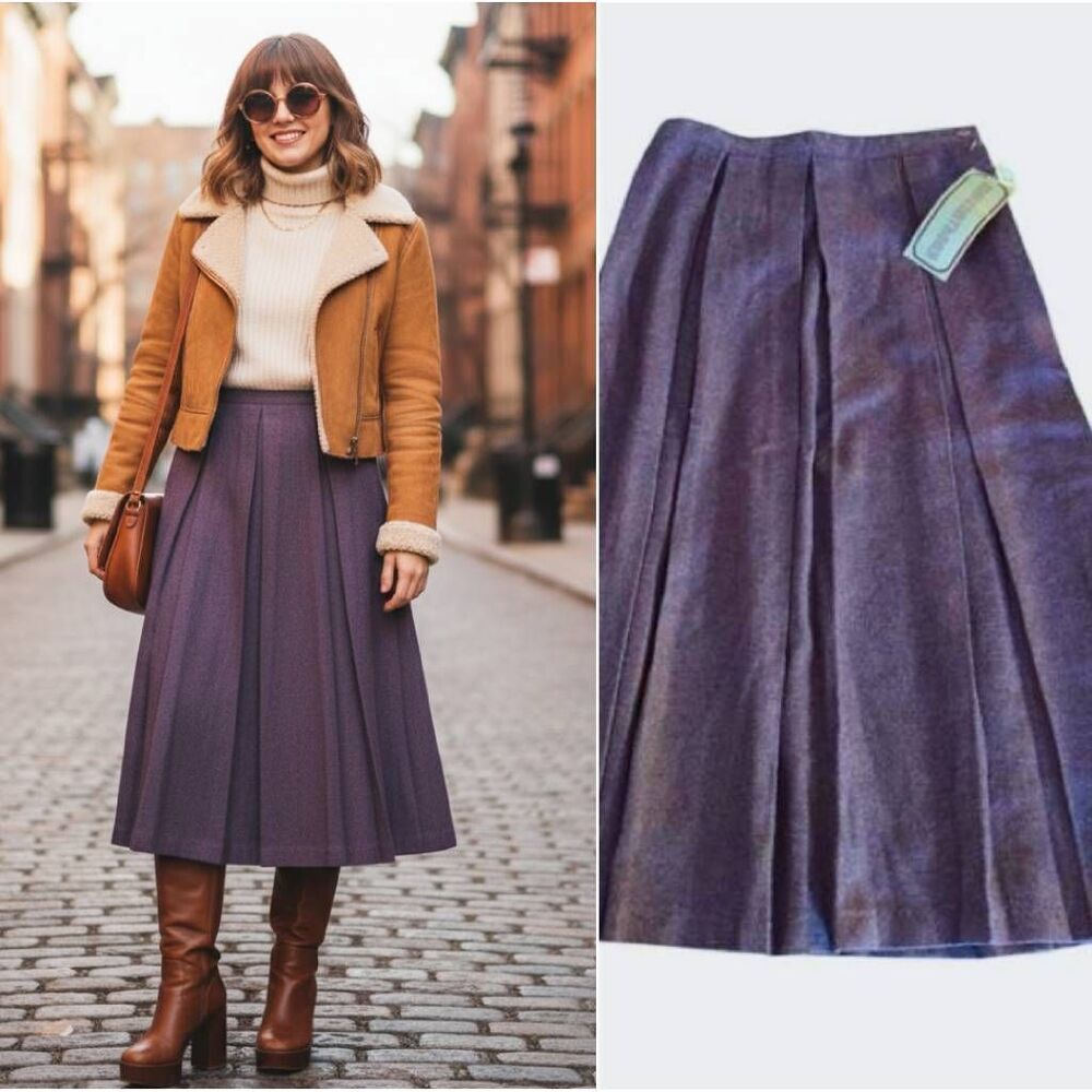 NWT Marc Anthony VTG 70s Purple High Rise Pleated Wool Midi Skirt Sz 12 *Small